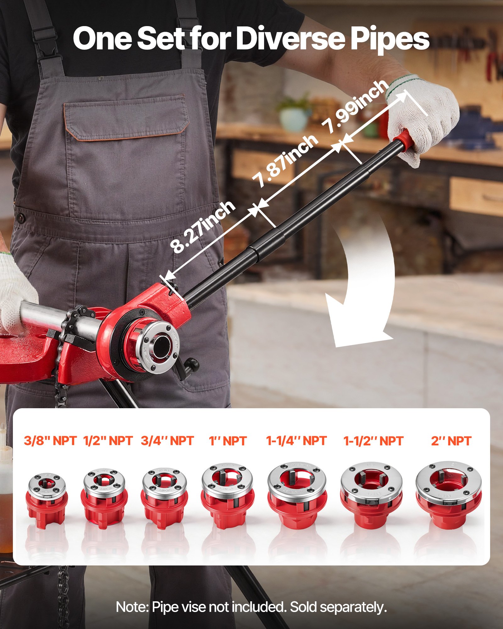 VEVOR Kit de Roscado de Tuberías con Trinquete, Roscadora Manual para Tubos con Trinquete, Juego de Terrajas con 7 Medidas BSPT de 3/8" a 2" NPT, Mango y Maletín Portátil para Instalación y Reparación