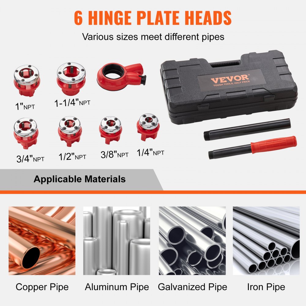 VEVOR Kit de Roscado de Tubos con Trinquete 1/4" NPT ~ 1-1/4" NPT Juego de Troqueles de Fontanero Manual Portátil 6 Troqueles NPT Estuche de Almacenamiento para Plomería Tubos de Aluminio Hierro Cobre
