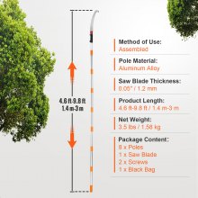 VEVOR Sierra de Poda Telescópica 1,4-3 m Sierra de Pértiga Extensible Manual Sierra de Poda con Hoja de Acero Afilada con 8 Postes Aleación de Aluminio para Podar Ramas Altas Palmeras Arbustos