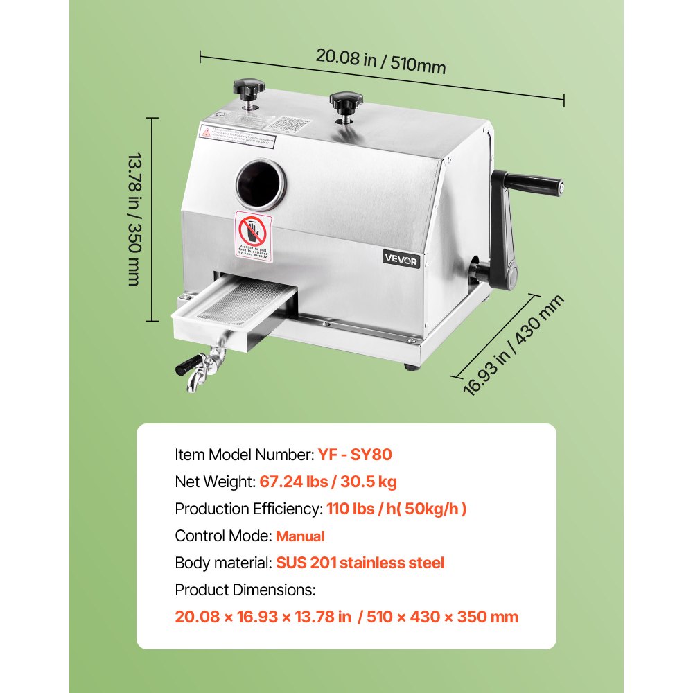 VEVOR Exprimidor Manual de Caña de Azúcar, Capacidad de Producción 50 KG/H, Puerto 62 mm, Máquina de Jugo con Ruedas, Extractor de Acero Inoxidable, Prensador para Uso Doméstico Comercial Restaurante