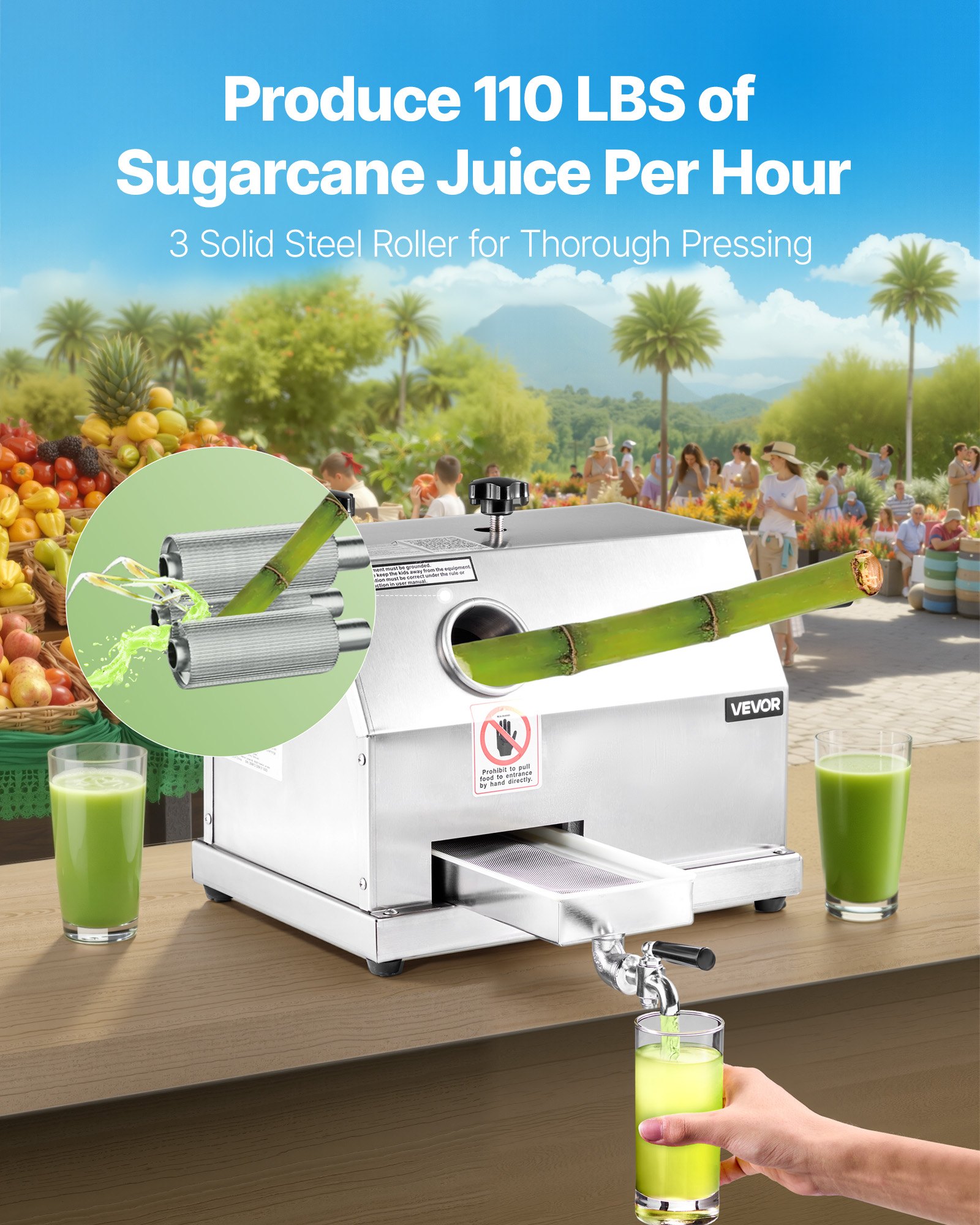VEVOR Commercial Sugar Cane Juicer, 50KG/H High Output Sugarcane Juicer Machine with 3 Stainless Steel Rollers, 62mm Large Inlet, Manual Sugar Cane Press Juice Extractor Squeezer for Home/Commercial