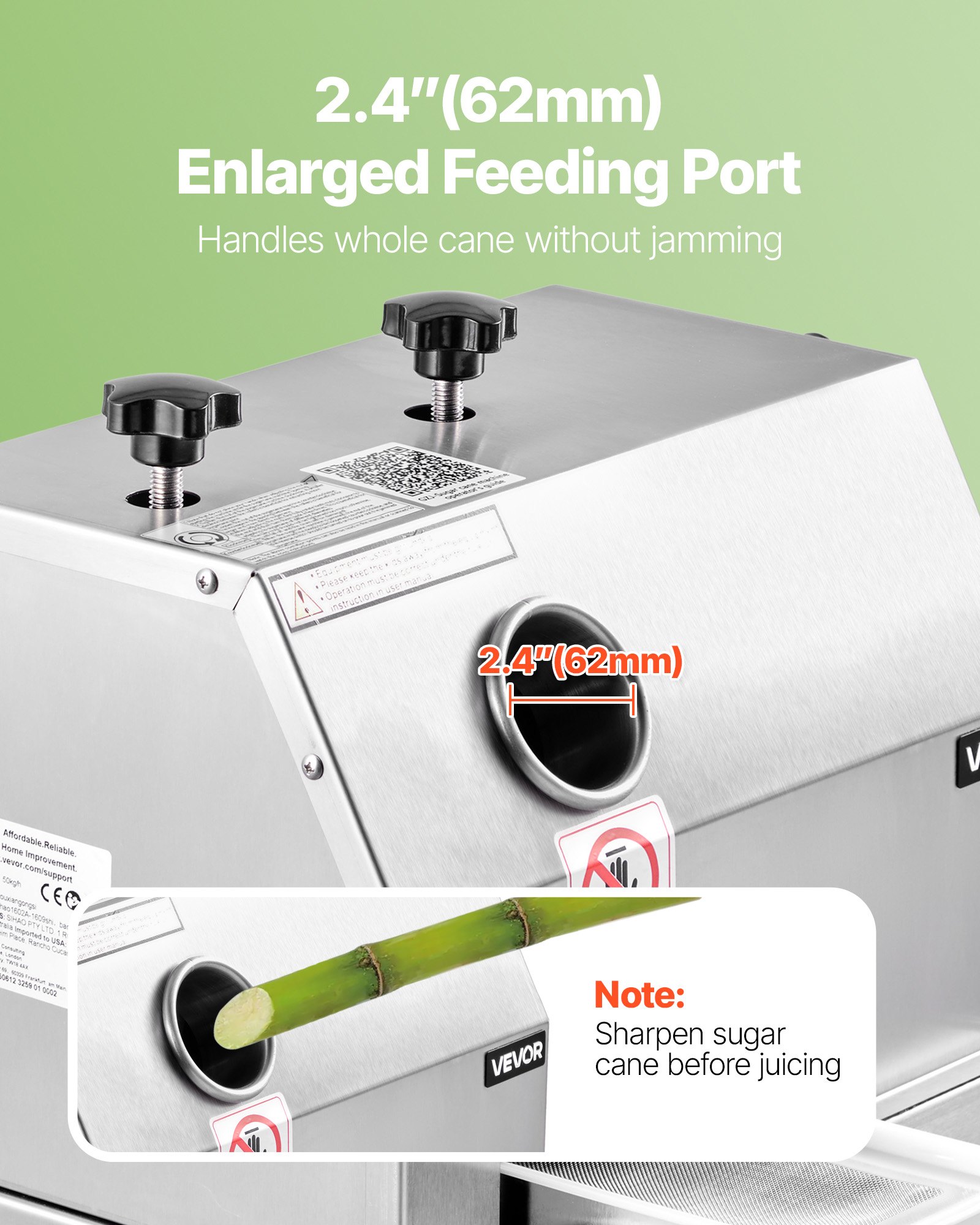 VEVOR Exprimidor Manual de Caña de Azúcar, Capacidad de Producción 50 KG/H, Puerto 62 mm, Máquina de Jugo con Ruedas, Extractor de Acero Inoxidable, Prensador para Uso Doméstico Comercial Restaurante
