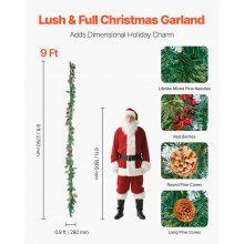 VEVOR Guirnalda Navideña 275 cm con Luces, Bayas Rojas, Piñas y Agujas de Pino