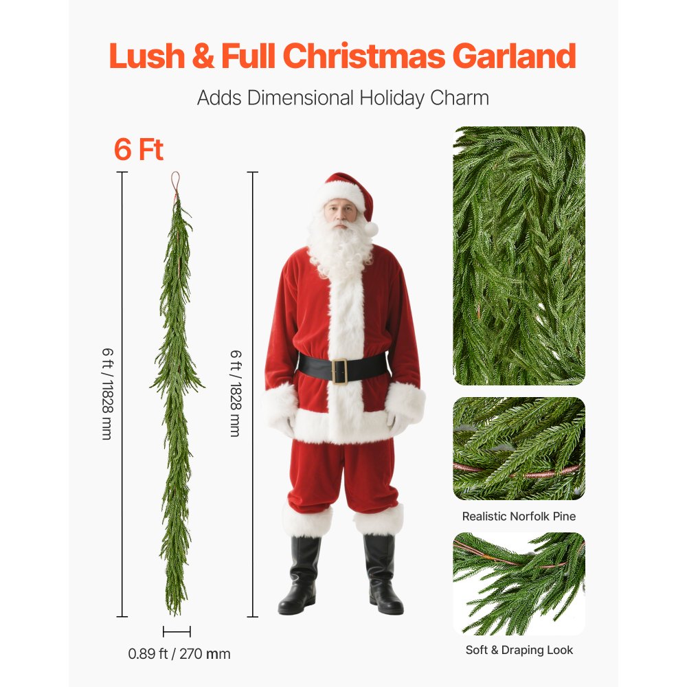 VEVOR Guirnalda Navideña de Pino Largo de 1828 mm Guirnalda Artificial de Plantas Decoración para Navidad en Interior y Exterior Ramas de Pino Corona para Escaleras, Chimeneas, Puertas, Barandillas