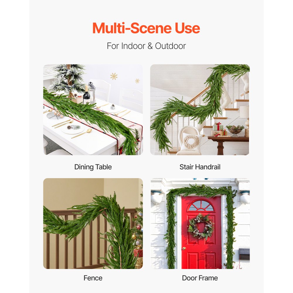 VEVOR Guirnalda Navideña de Pino Largo de 1828 mm Guirnalda Artificial de Plantas Decoración para Navidad en Interior y Exterior Ramas de Pino Corona para Escaleras, Chimeneas, Puertas, Barandillas