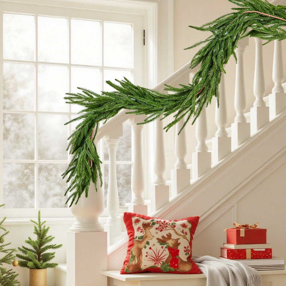 VEVOR Guirnalda Navideña de Pino Largo de 1828 mm Guirnalda Artificial de Plantas Decoración para Navidad en Interior y Exterior Ramas de Pino Corona para Escaleras, Chimeneas, Puertas, Barandillas