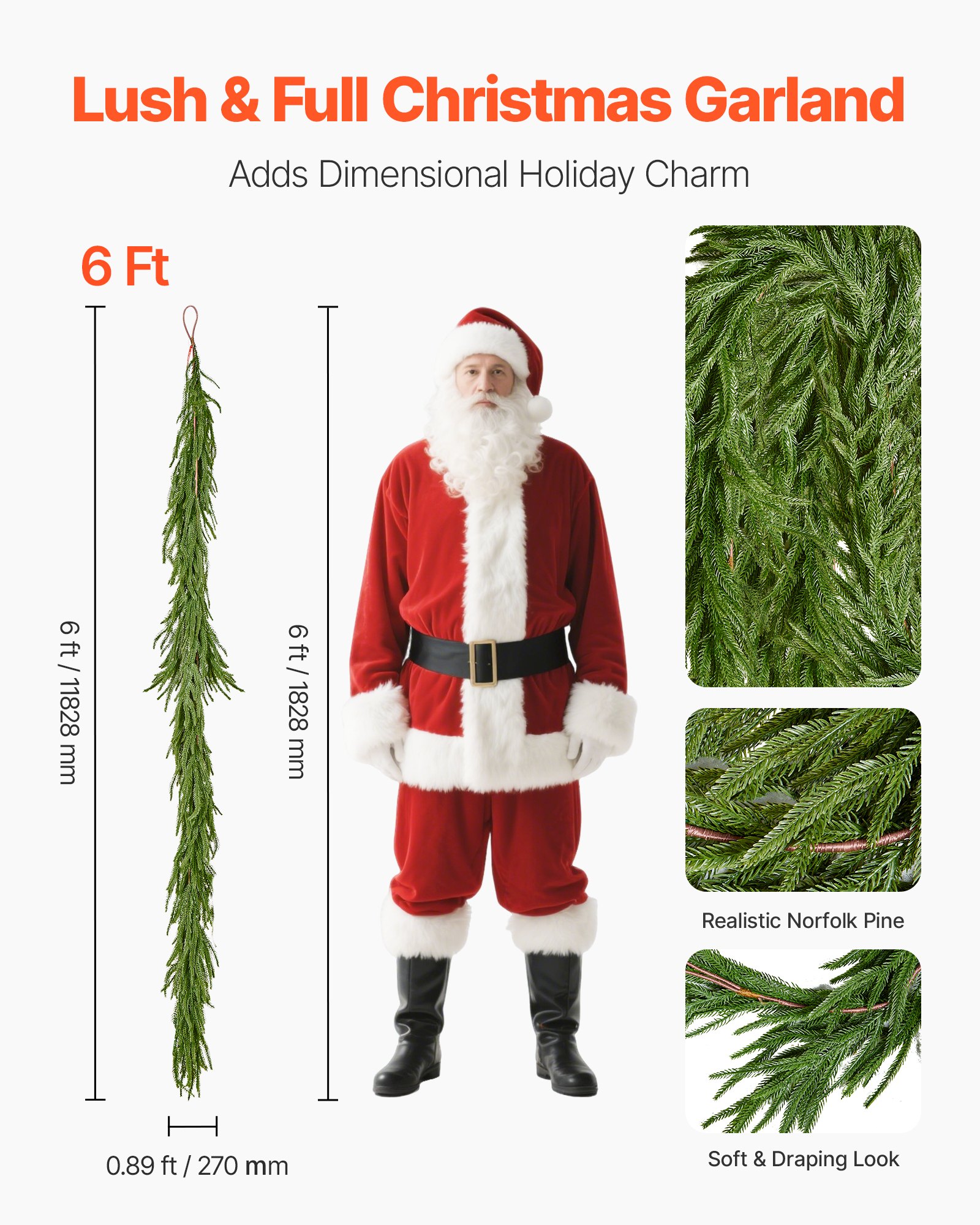 VEVOR Christmas Garland, 1828 mm Realistic Norfolk Pine Garland, Evergreen Real Touch Artificial Faux Greenery Garlands, for Holiday Indoor Outdoor Xmas Decoration on Table, Mantel, and Fireplace