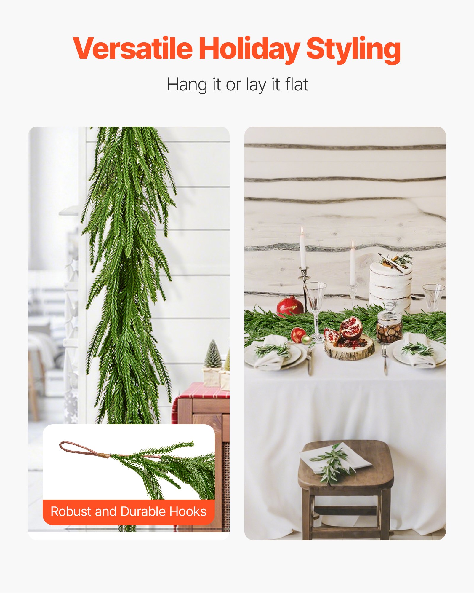 VEVOR Guirnalda Navideña de Pino Largo de 1828 mm Guirnalda Artificial de Plantas Decoración para Navidad en Interior y Exterior Ramas de Pino Corona para Escaleras, Chimeneas, Puertas, Barandillas