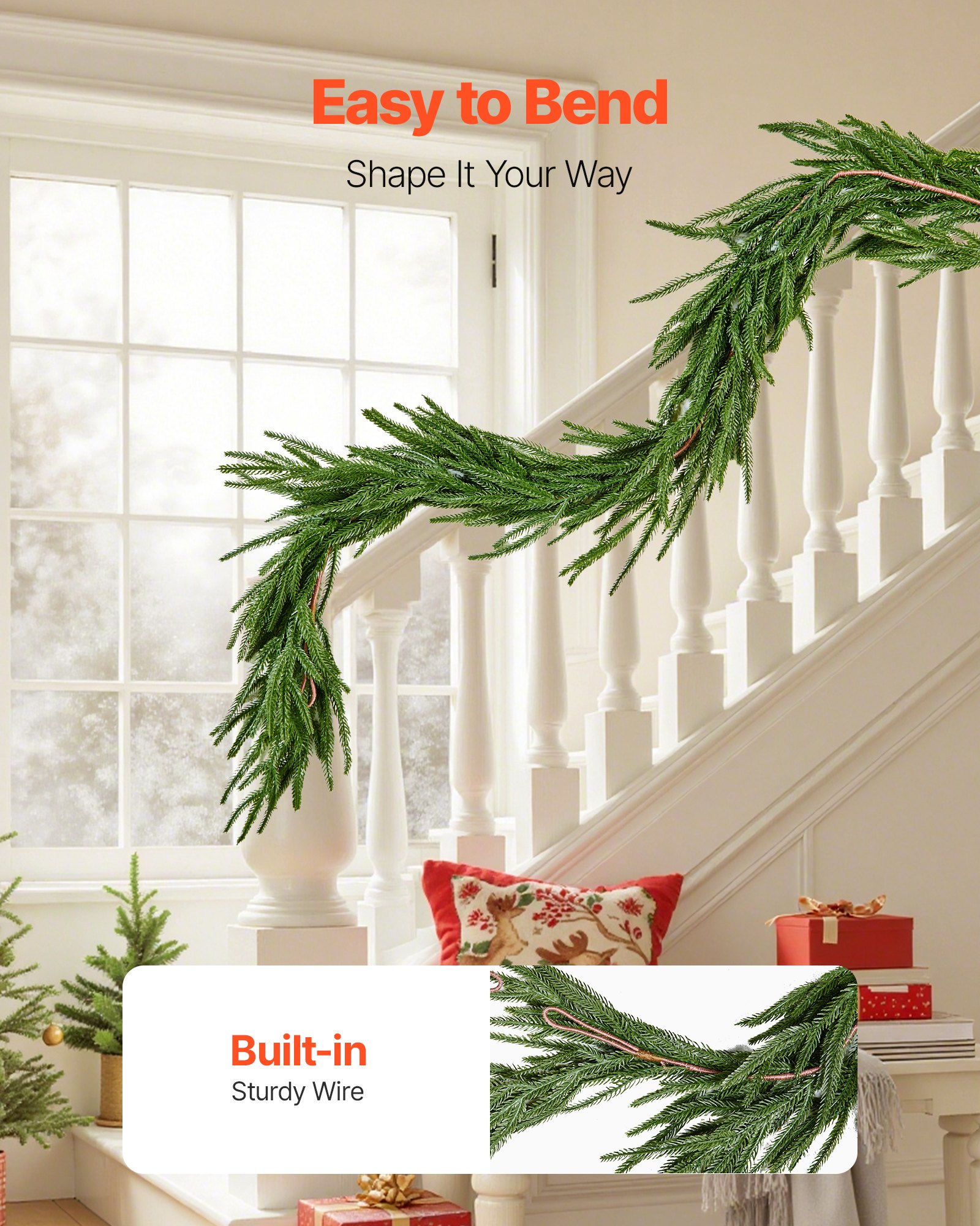 VEVOR Guirnalda Navideña de Pino Largo de 1828 mm Guirnalda Artificial de Plantas Decoración para Navidad en Interior y Exterior Ramas de Pino Corona para Escaleras, Chimeneas, Puertas, Barandillas