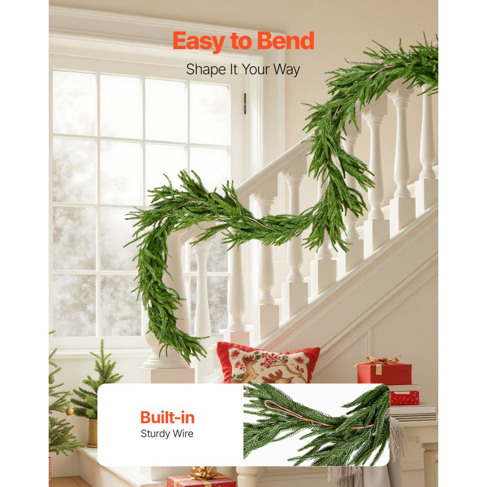 VEVOR Guirnalda Navideña de Pino Largo de 2750 mm Guirnalda Artificial de Plantas Decoración para Navidad en Interior y Exterior Ramas de Pino Corona para Escaleras, Chimeneas, Puertas, Barandillas