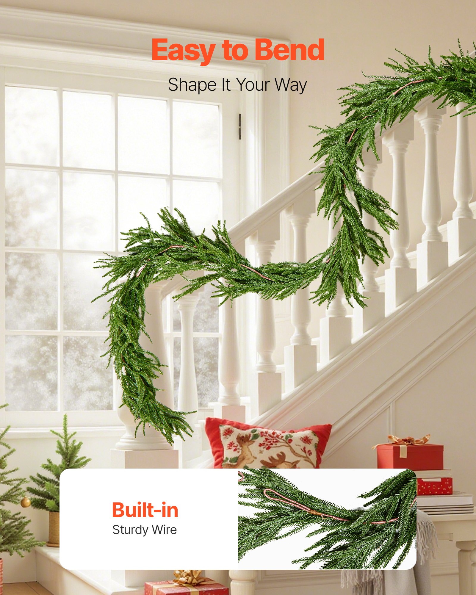 VEVOR Guirnalda Navideña de Pino Largo de 2750 mm Guirnalda Artificial de Plantas Decoración para Navidad en Interior y Exterior Ramas de Pino Corona para Escaleras, Chimeneas, Puertas, Barandillas