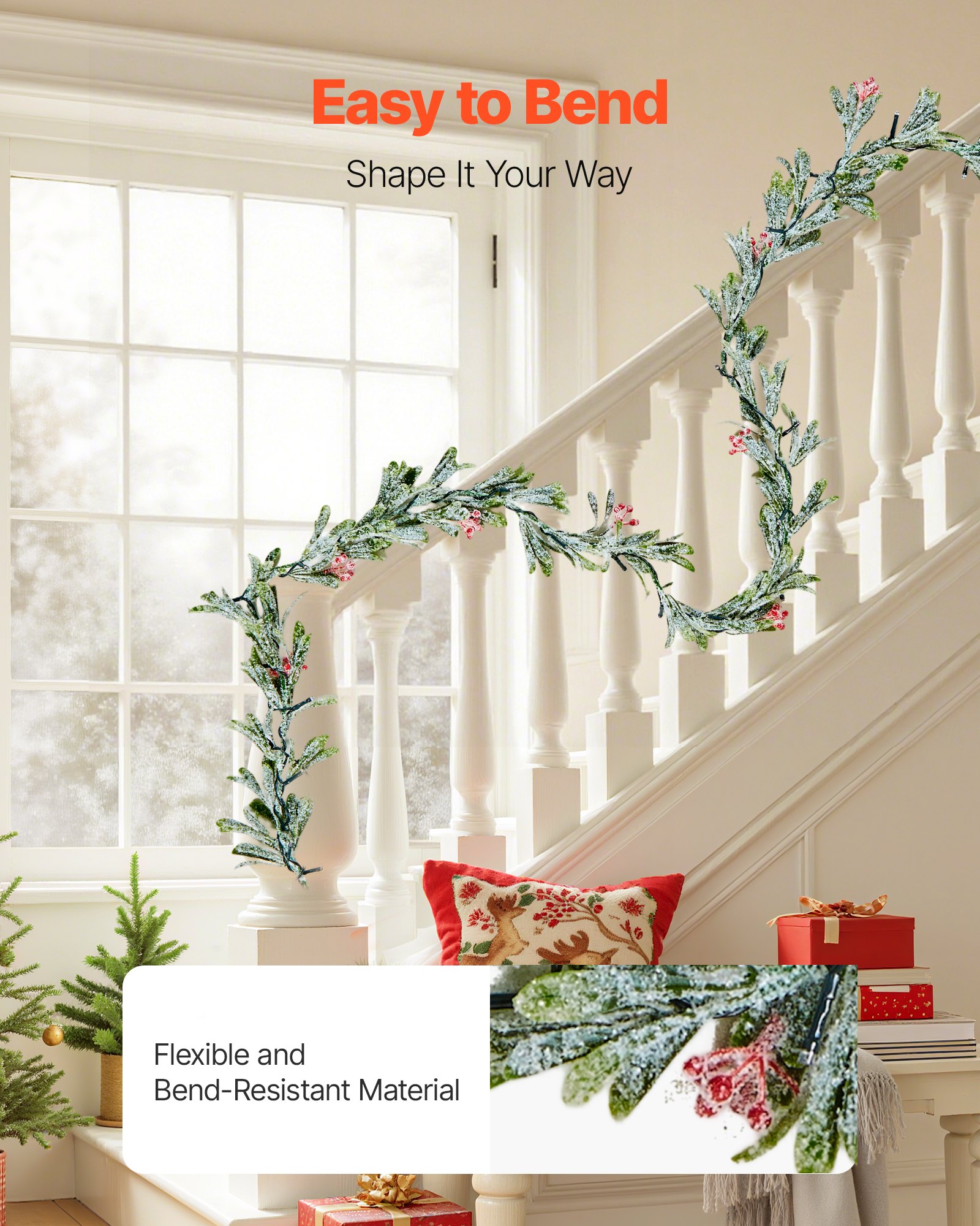 VEVOR Christmas Garland, 2011 mm Realistic Greenery Decorated with Vines, Olive Leaves, and Berries, Evergreen Faux Garlands with Light String for Indoor Outdoor Xmas Decoration on Mantel Fireplace