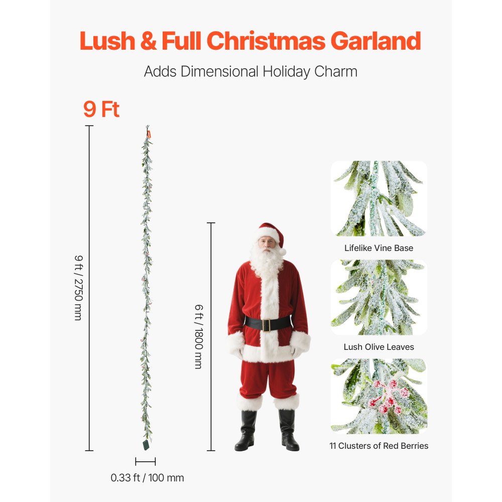 VEVOR Guirnalda Navideña Largo de 2750 mm Guirnalda Artificial con Cadena de Luces Decoración para Navidad con Bayas Rojas y Hojas de Olivo, Corona para Escalera, Chimenea, Puerta, Barandilla