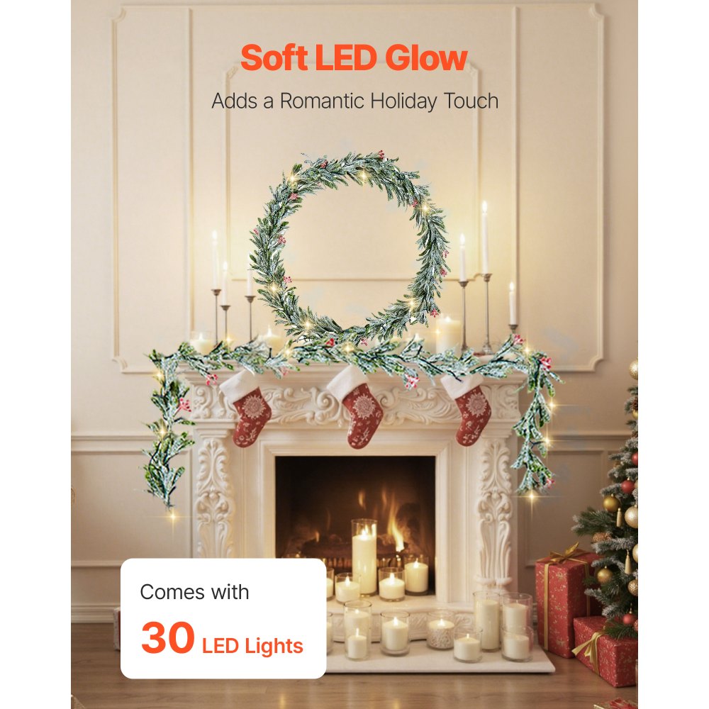 VEVOR Guirnalda Navideña Largo de 2750 mm Guirnalda Artificial con Cadena de Luces Decoración para Navidad con Bayas Rojas y Hojas de Olivo, Corona para Escalera, Chimenea, Puerta, Barandilla