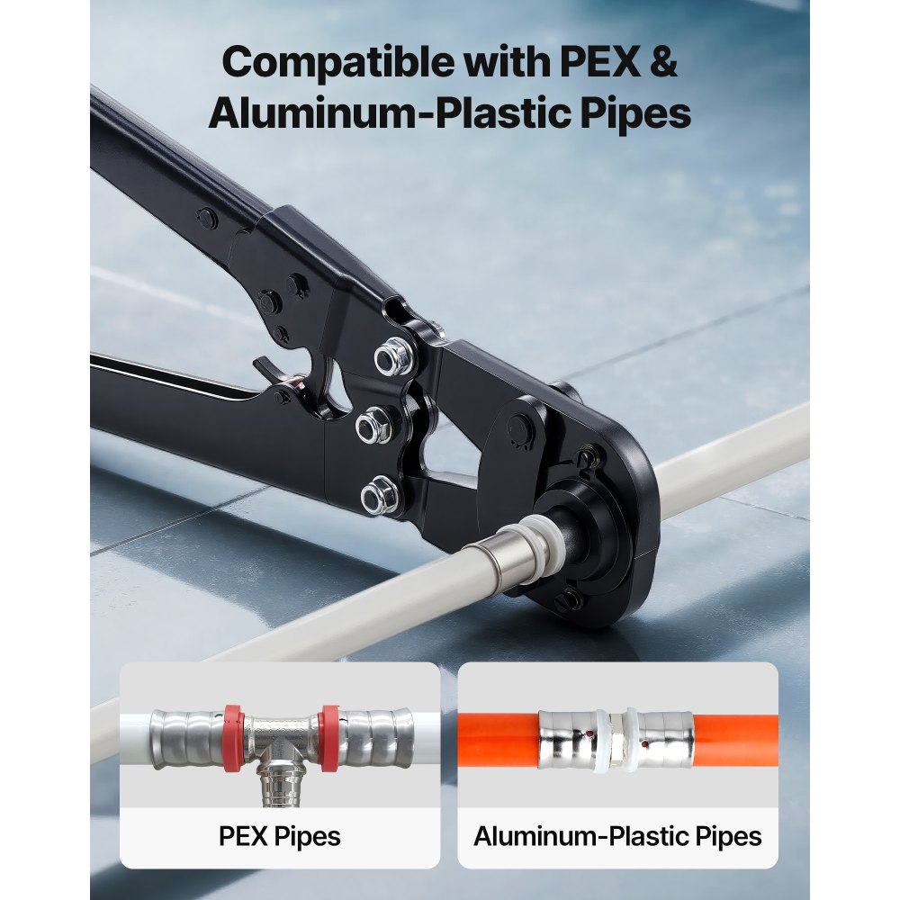 VEVOR Alicates Prensadores de Tuberías, Herramienta de Prensa para Tubos de PEX y Aluminio-plástico, con 5 Mordazas TH12 TH16 TH20 TH26 TH32 y Estuche, para Reparaciones, Instalaciones de Fontanería