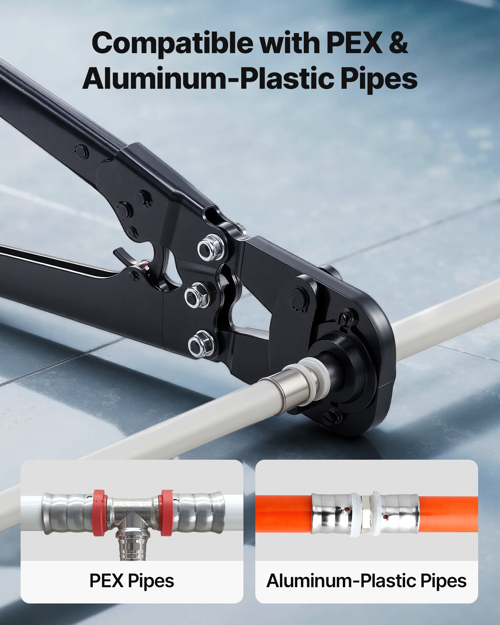 VEVOR Alicates Prensadores de Tuberías, Herramienta de Prensa para Tubos de PEX y Aluminio-plástico, con 5 Mordazas TH12 TH16 TH20 TH26 TH32 y Estuche, para Reparaciones, Instalaciones de Fontanería