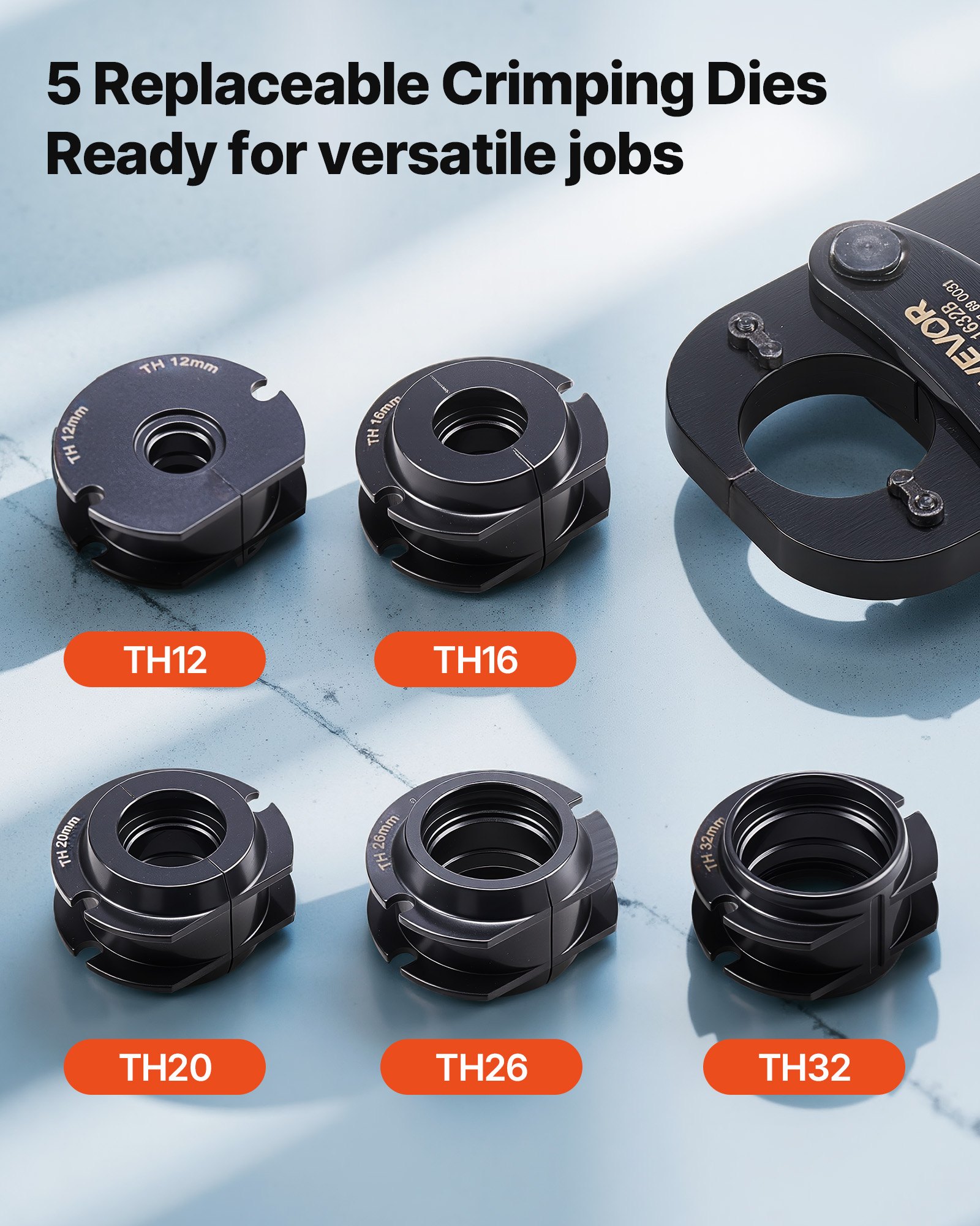 VEVOR Alicates Prensadores de Tuberías, Herramienta de Prensa para Tubos de PEX y Aluminio-plástico, con 5 Mordazas TH12 TH16 TH20 TH26 TH32 y Estuche, para Reparaciones, Instalaciones de Fontanería