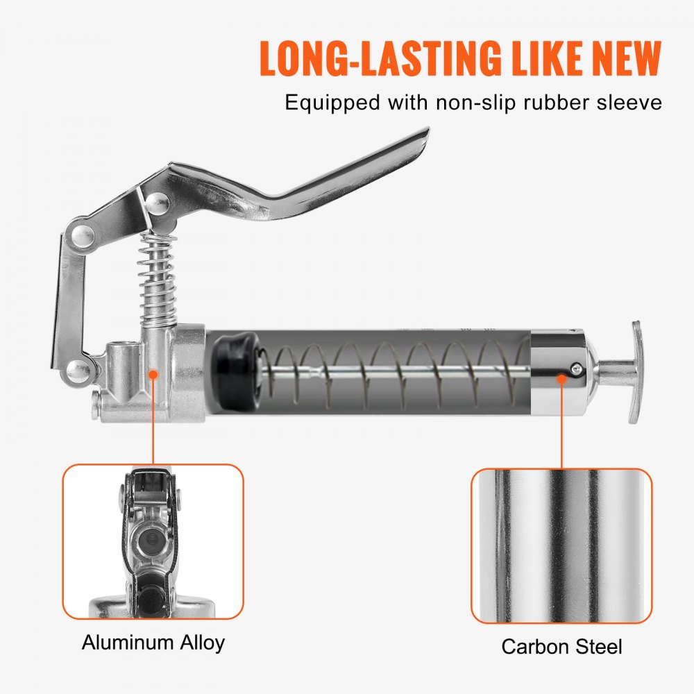 VEVOR Grease Gun, 3500 PSI, 4 OZ / 120 CC Capacity, Professional Hand Lever Gun, with 11.65-inch Flexible Hose, 2 Black Flat Couplings, 1 Reinforced Nozzle and 2 Rigid Metal Tubes