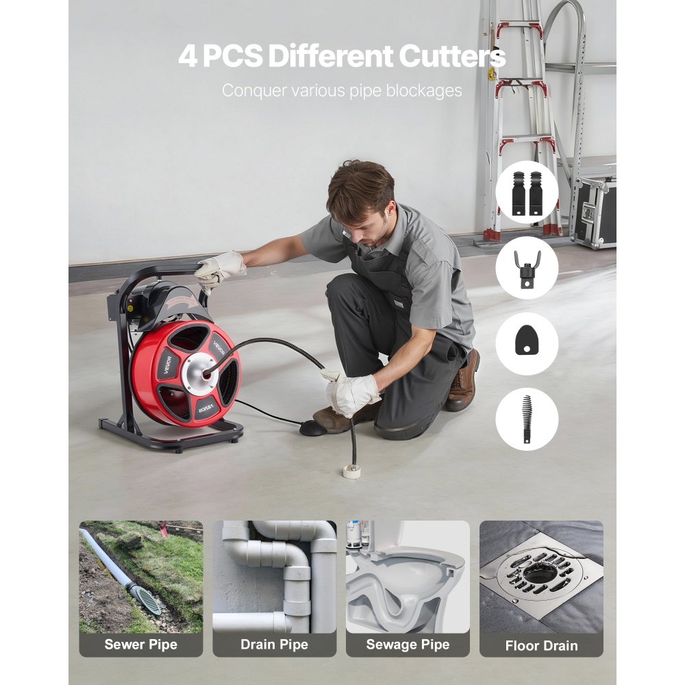 VEVOR Desatascador Eléctrico de Tuberías 15 m x 13 mm con Alimentación Manual por Cable de Acero, con 4 Cabezales para Fregadero WC, Pedal Neumático y Alcantarillado para Tuberías de 50 mm a 150 mm