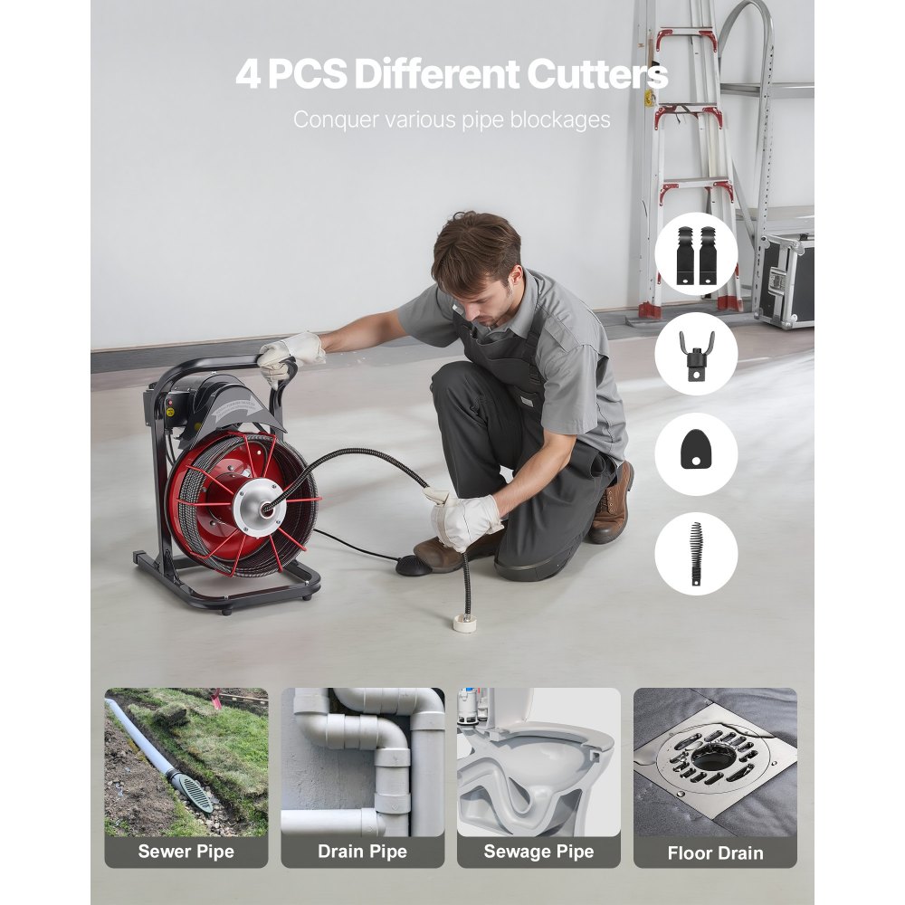 VEVOR Desatascador Eléctrico de Tuberías 23 m x 13 mm con Alimentación Manual por Cable de Acero, con 4 Cabezales para Fregadero WC, Alcantarillado y Pedal Neumático para Tuberías de 50 mm a 150 mm
