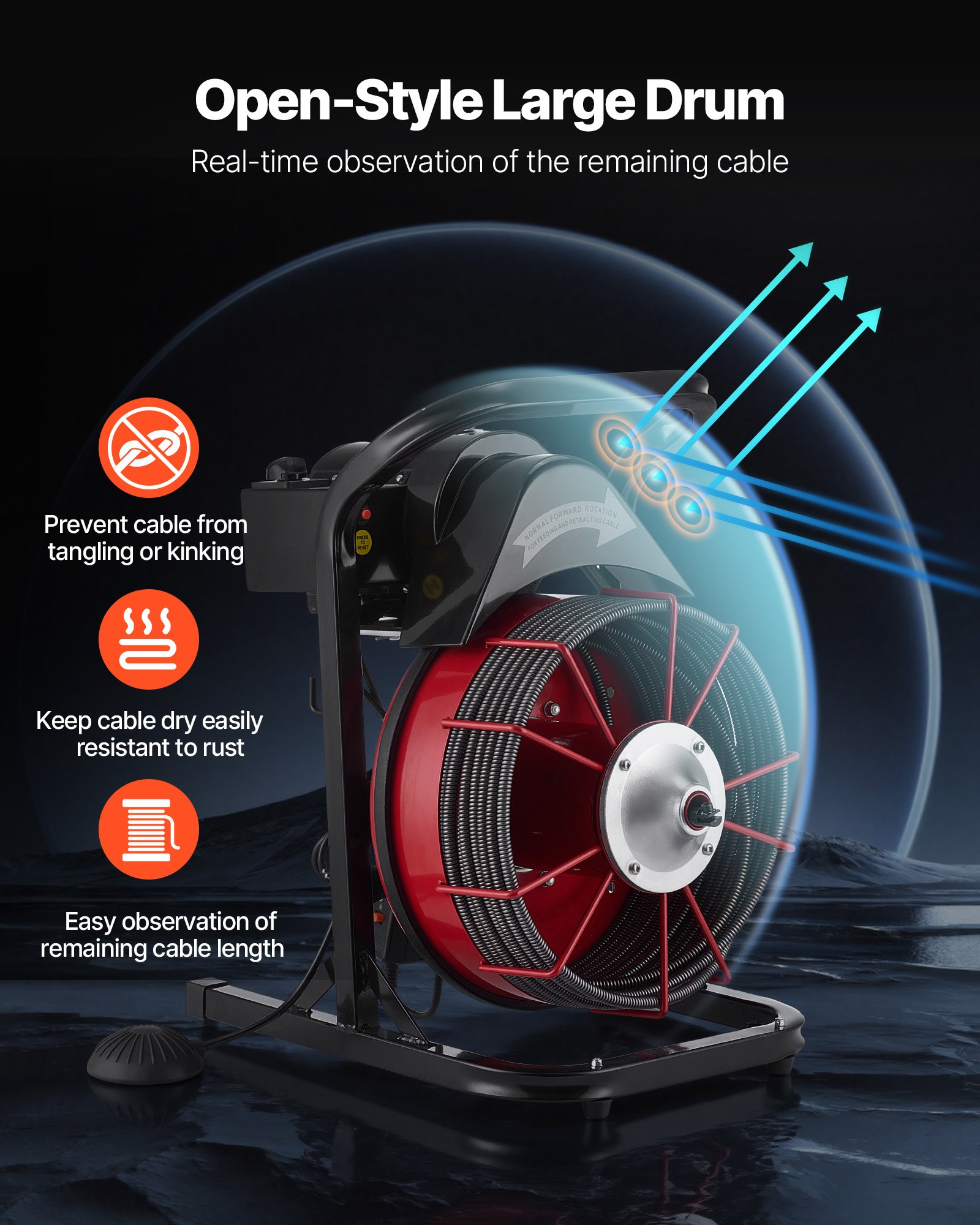VEVOR Desatascador Eléctrico de Tuberías 23 m x 13 mm con Alimentación Manual por Cable de Acero, con 4 Cabezales para Fregadero WC, Alcantarillado y Pedal Neumático para Tuberías de 50 mm a 150 mm