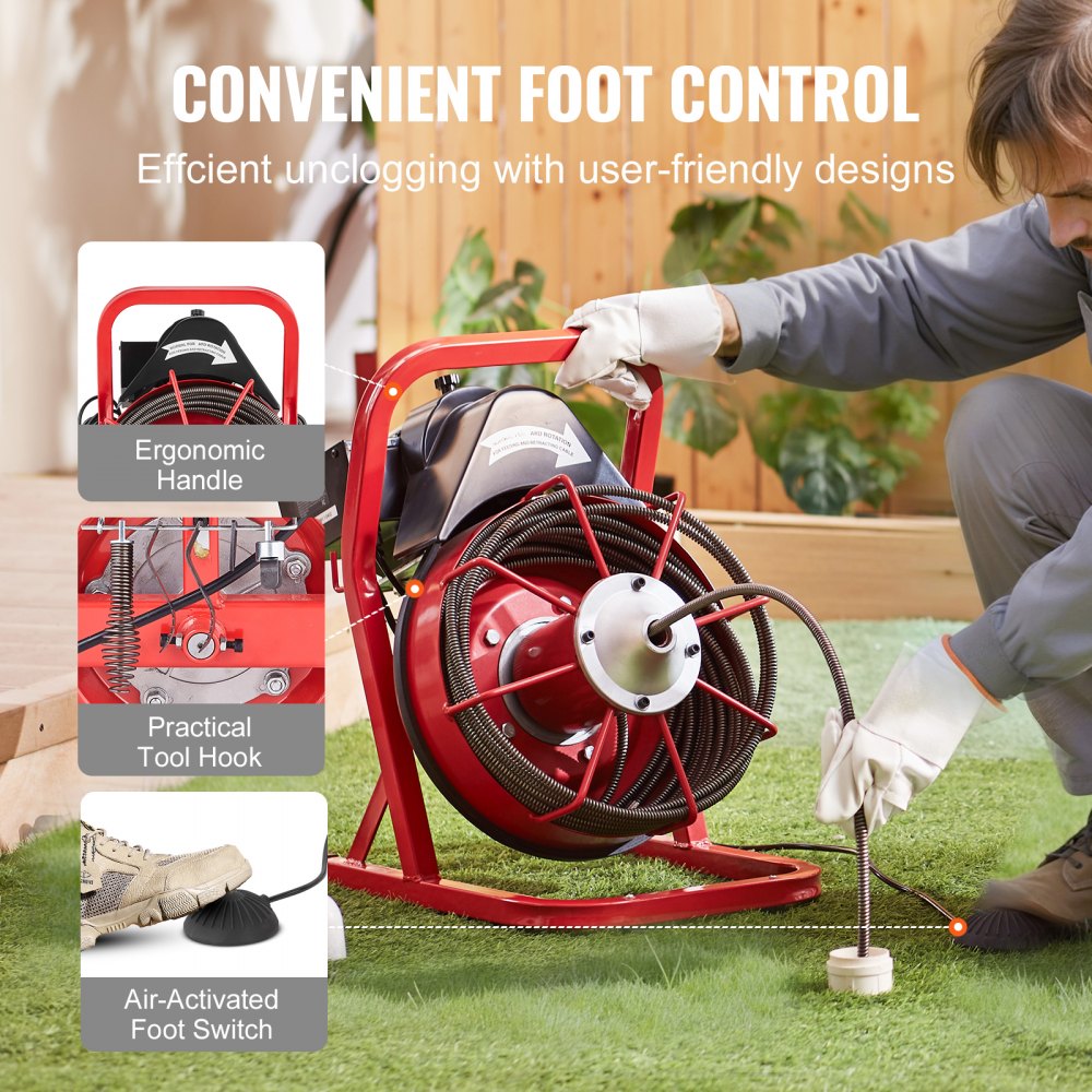 VEVOR Desbloqueador de Tuberías Eléctrico Máquina de Limpieza de Tuberías 12m x 0,95cm Limpiador de Tubos de Drenaje Manual con 4 Cortadores Accionamiento por Pie Neumático para Tuberías de 5-10 cm