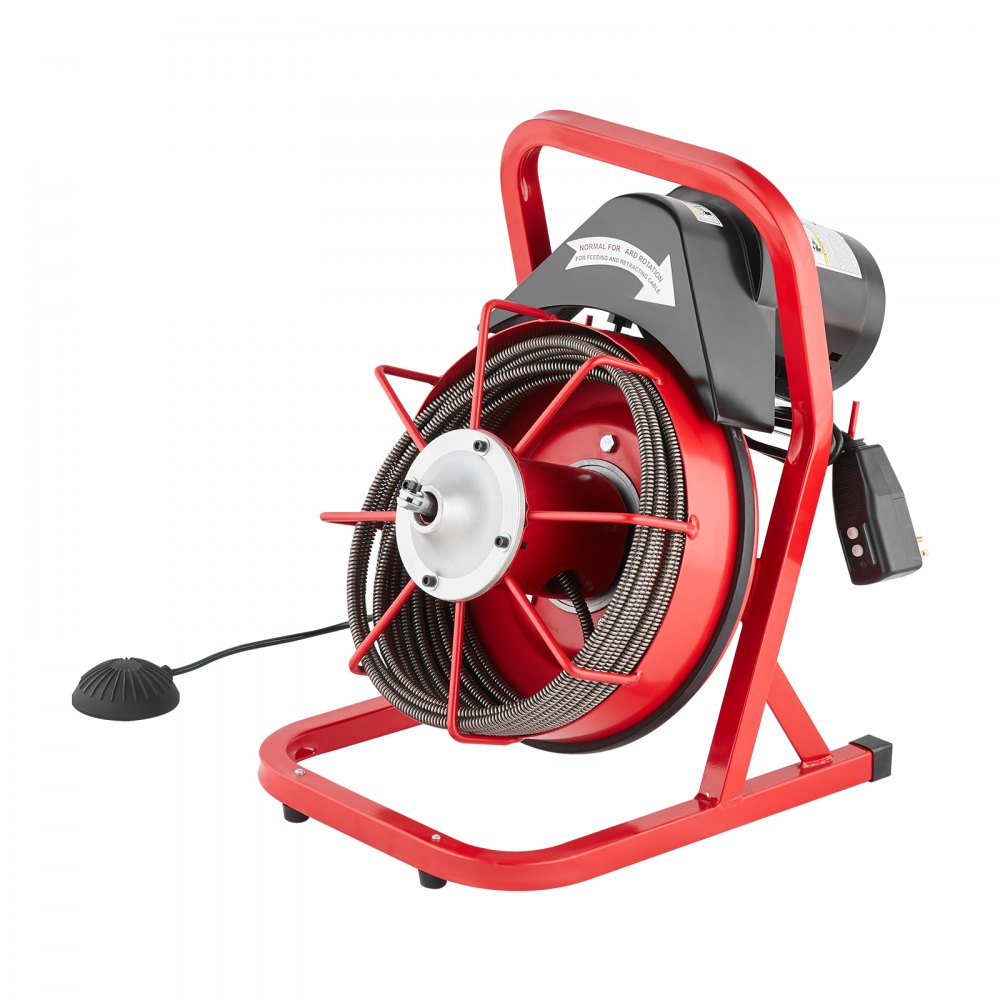 VEVOR Desbloqueador de Tuberías Eléctrico Máquina de Limpieza de Tuberías 12m x 0,95cm Limpiador de Tubos de Drenaje Manual con 4 Cortadores Accionamiento por Pie Neumático para Tuberías de 5-10 cm