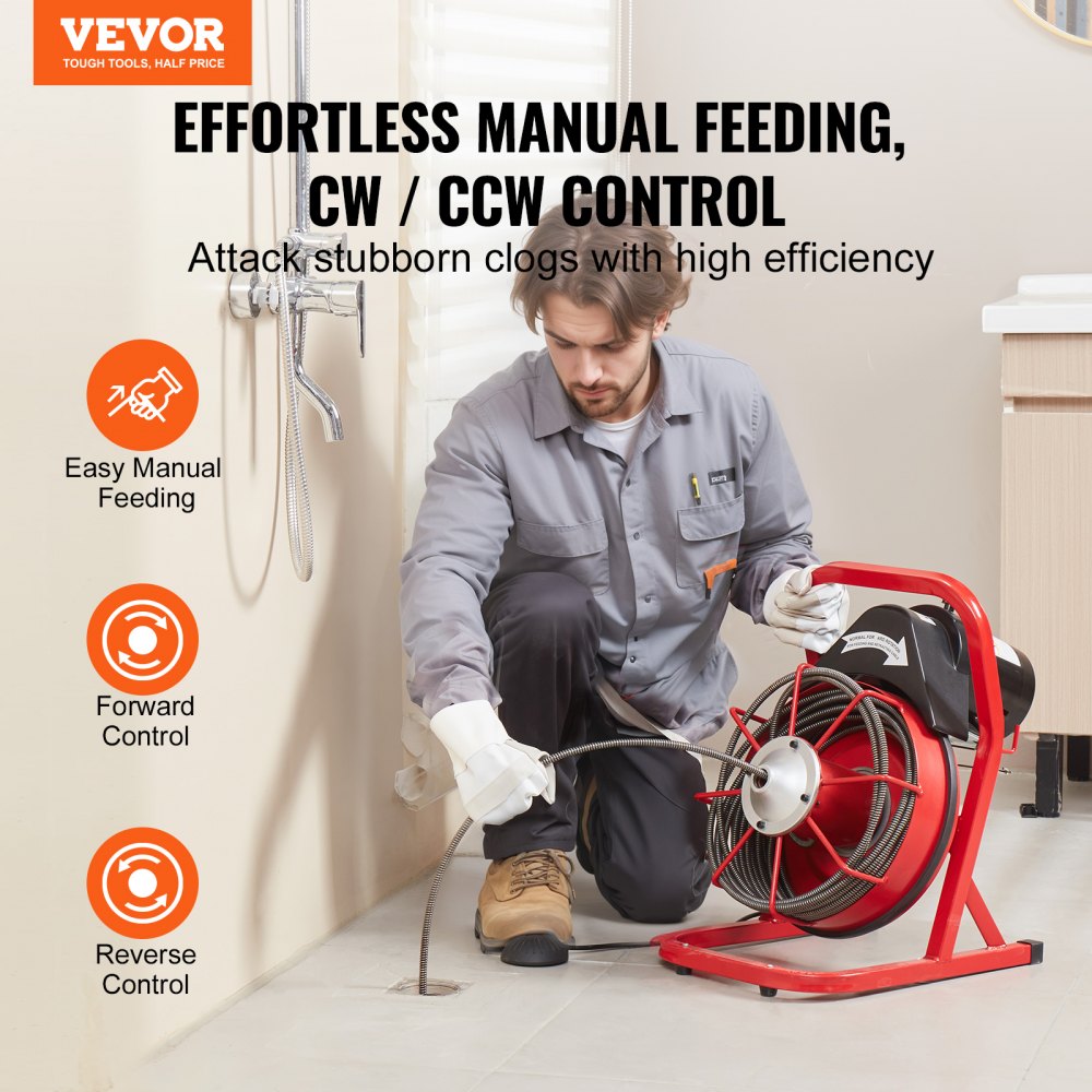 VEVOR Desbloqueador de Tuberías Eléctrico Máquina de Limpieza de Tuberías 12m x 0,95cm Limpiador de Tubos de Drenaje Manual con 4 Cortadores Accionamiento por Pie Neumático para Tuberías de 5-10 cm