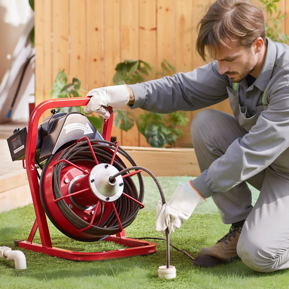 VEVOR Desbloqueador de Tuberías Eléctrico Máquina de Limpieza de Tuberías 12m x 0,95cm Limpiador de Tubos de Drenaje Manual con 4 Cortadores Accionamiento por Pie Neumático para Tuberías de 5-10 cm