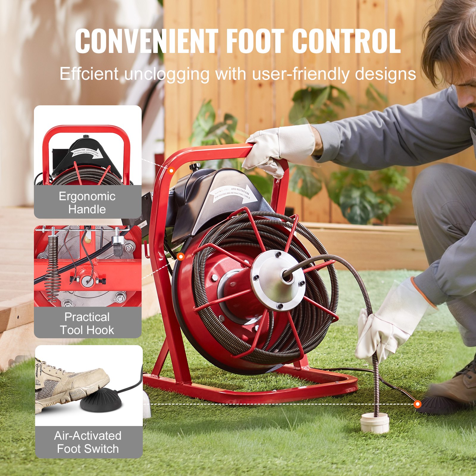 VEVOR Desbloqueador de Tuberías Eléctrico Máquina de Limpieza de Tuberías 12m x 0,95cm Limpiador de Tubos de Drenaje Manual con 4 Cortadores Accionamiento por Pie Neumático para Tuberías de 5-10 cm