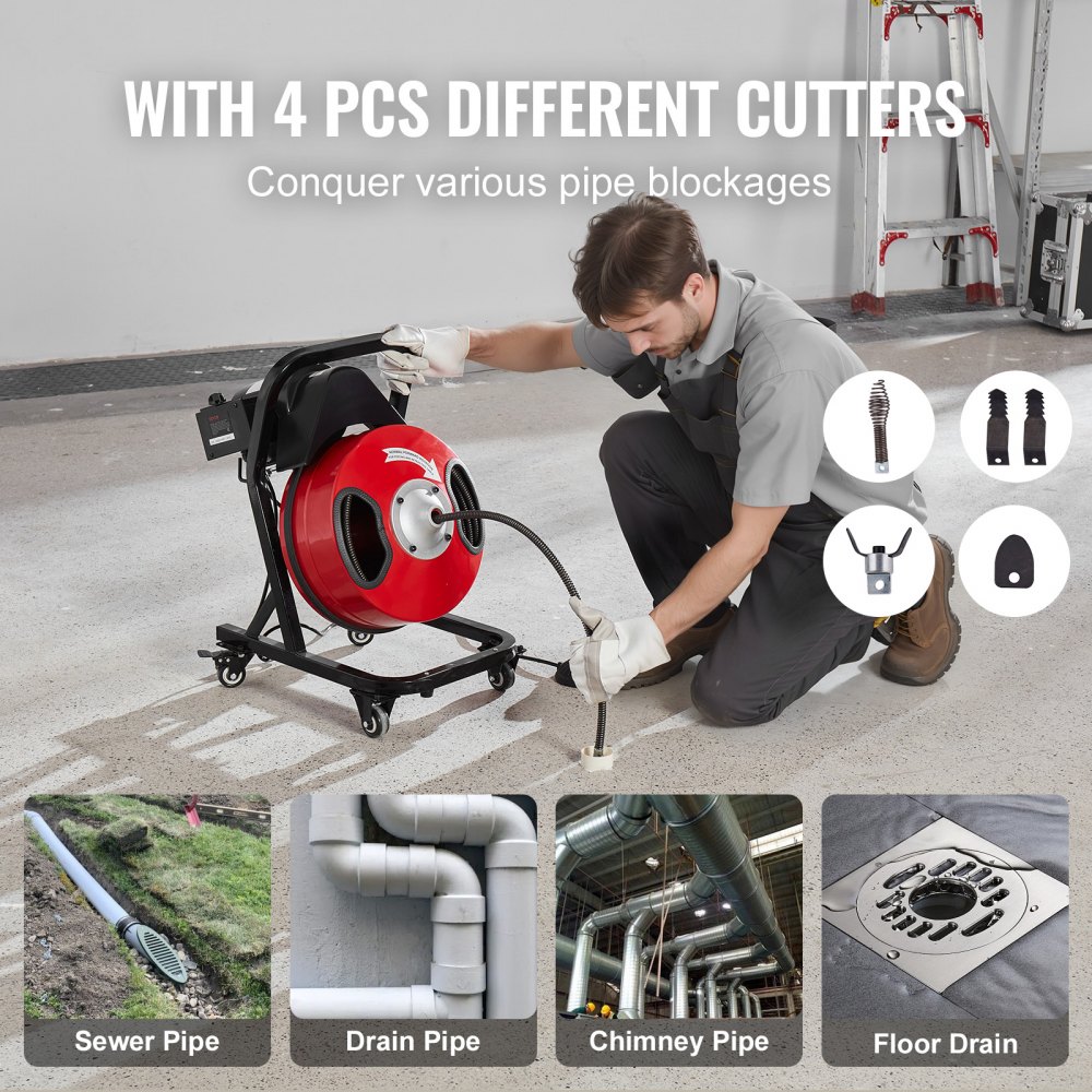 VEVOR Desbloqueador de Tuberías Eléctrico Máquina de Limpieza de Tuberías 15m x 1,27cm Limpiador Manual de Tubos con Ruedas 4 Cortadores Accionado por Pie Neumático para Tuberías de 5-10 cm
