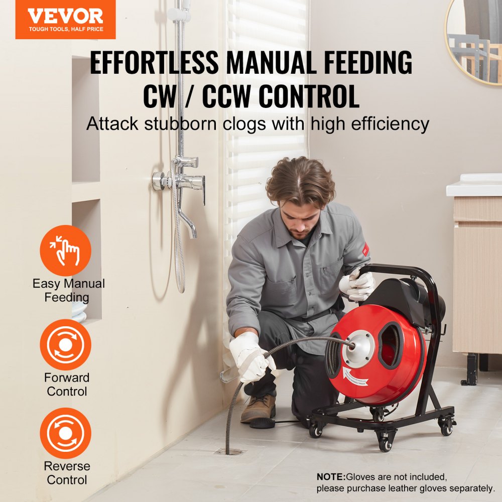 VEVOR Desbloqueador de Tuberías Eléctrico Máquina de Limpieza de Tuberías 15m x 1,27cm Limpiador Manual de Tubos con Ruedas 4 Cortadores Accionado por Pie Neumático para Tuberías de 5-10 cm