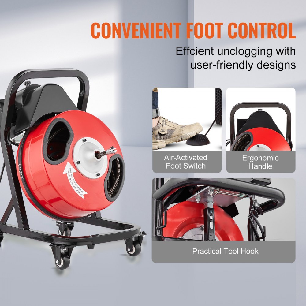 VEVOR Desbloqueador de Tuberías Eléctrico Máquina de Limpieza de Tuberías 15m x 1,27cm Limpiador Manual de Tubos con Ruedas 4 Cortadores Accionado por Pie Neumático para Tuberías de 5-10 cm