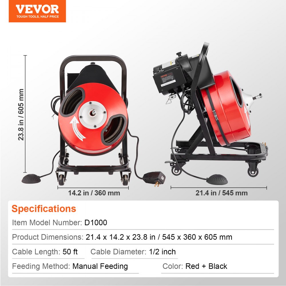 VEVOR Desbloqueador de Tuberías Eléctrico Máquina de Limpieza de Tuberías 15m x 1,27cm Limpiador Manual de Tubos con Ruedas 4 Cortadores Accionado por Pie Neumático para Tuberías de 5-10 cm