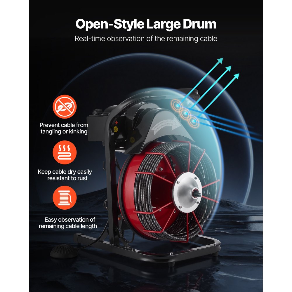 VEVOR Desbloqueador de Tuberías Eléctrico Suministro Manual, Máquina de Limpieza de Tuberías 23 m x 10,5 mm Núcleo de Acero para Tubos de 5-10 cm, con 4 Cortadores e Interruptor de Pedal Neumático