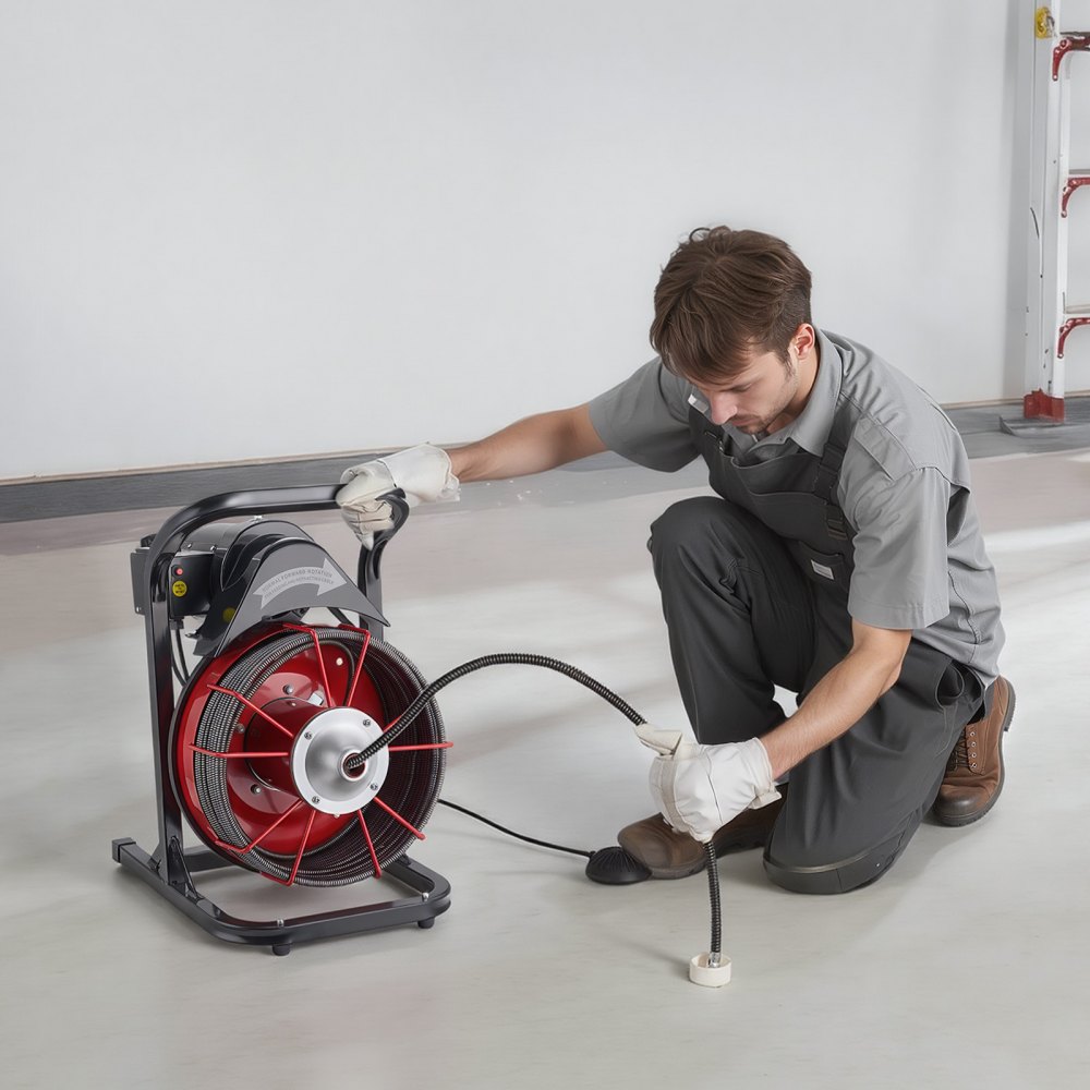 VEVOR Desbloqueador de Tuberías Eléctrico Suministro Manual, Máquina de Limpieza de Tuberías 15 m x 13 mm Núcleo de Acero para Tubos de 5-10 cm, con 4 Cortadores e Interruptor de Pedal Neumático