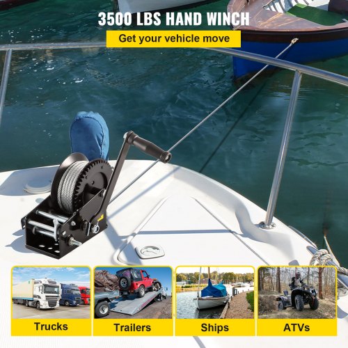 VEVOR Cabrestante Manual con Cable de Acero de 10m Diámetro de 6mm Cabrestante de Alambre Manual con Gancho Carga Máxima de 1588kg Torno de Manivela Acero Galvanizado para Botes Barcos Motos Acuáticas
