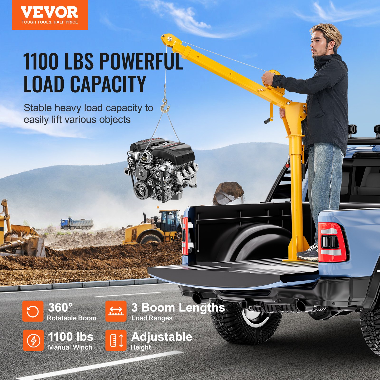 VEVOR Grúa Manual para Camión Carga de 499kg Grúa Plegable para Plataforma de Camión con Cabrestante manual, Grúa de Pluma de Acero para Camioneta con Giro de 360° para Levantar Mercancías en Fábrica