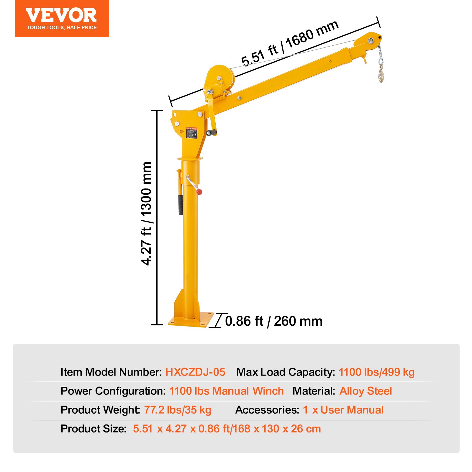 VEVOR Grúa Manual para Camión Carga de 499kg Grúa Plegable para Plataforma de Camión con Cabrestante manual, Grúa de Pluma de Acero para Camioneta con Giro de 360° para Levantar Mercancías en Fábrica