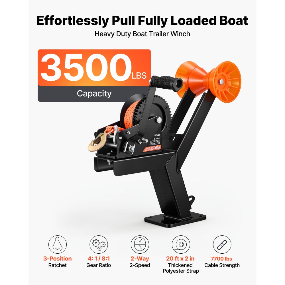 VEVOR Soporte para Cabrestante Manual de Remolque de Barco 1588kg con Rodillo y Correa de 6,1m, Montaje para Cabrestante, Trinquete Bidireccional de 3 Posiciones para Barcos, Motos Acuáticas y Veleros