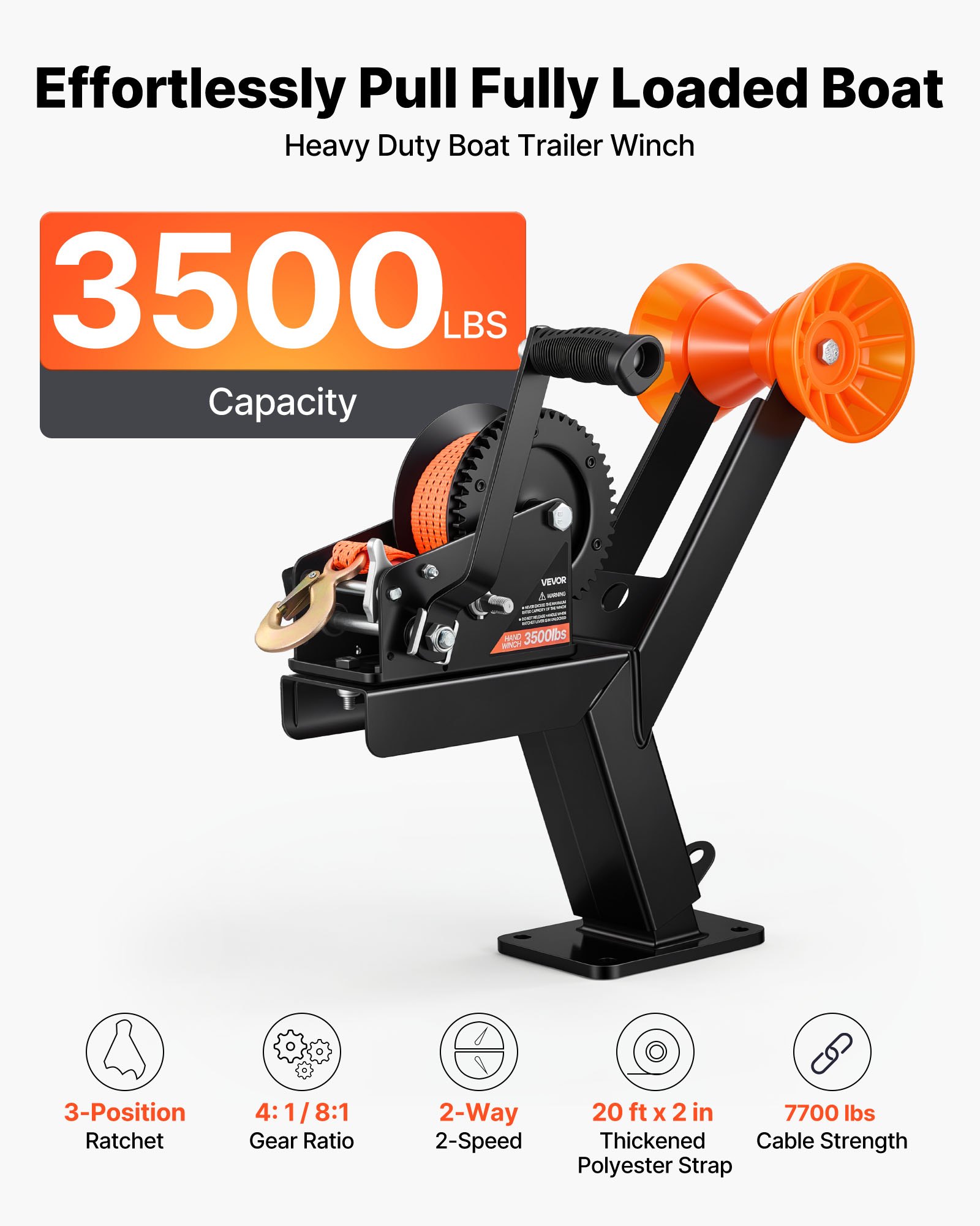 VEVOR Soporte para Cabrestante Manual de Remolque de Barco 1588kg con Rodillo y Correa de 6,1m, Montaje para Cabrestante, Trinquete Bidireccional de 3 Posiciones para Barcos, Motos Acuáticas y Veleros