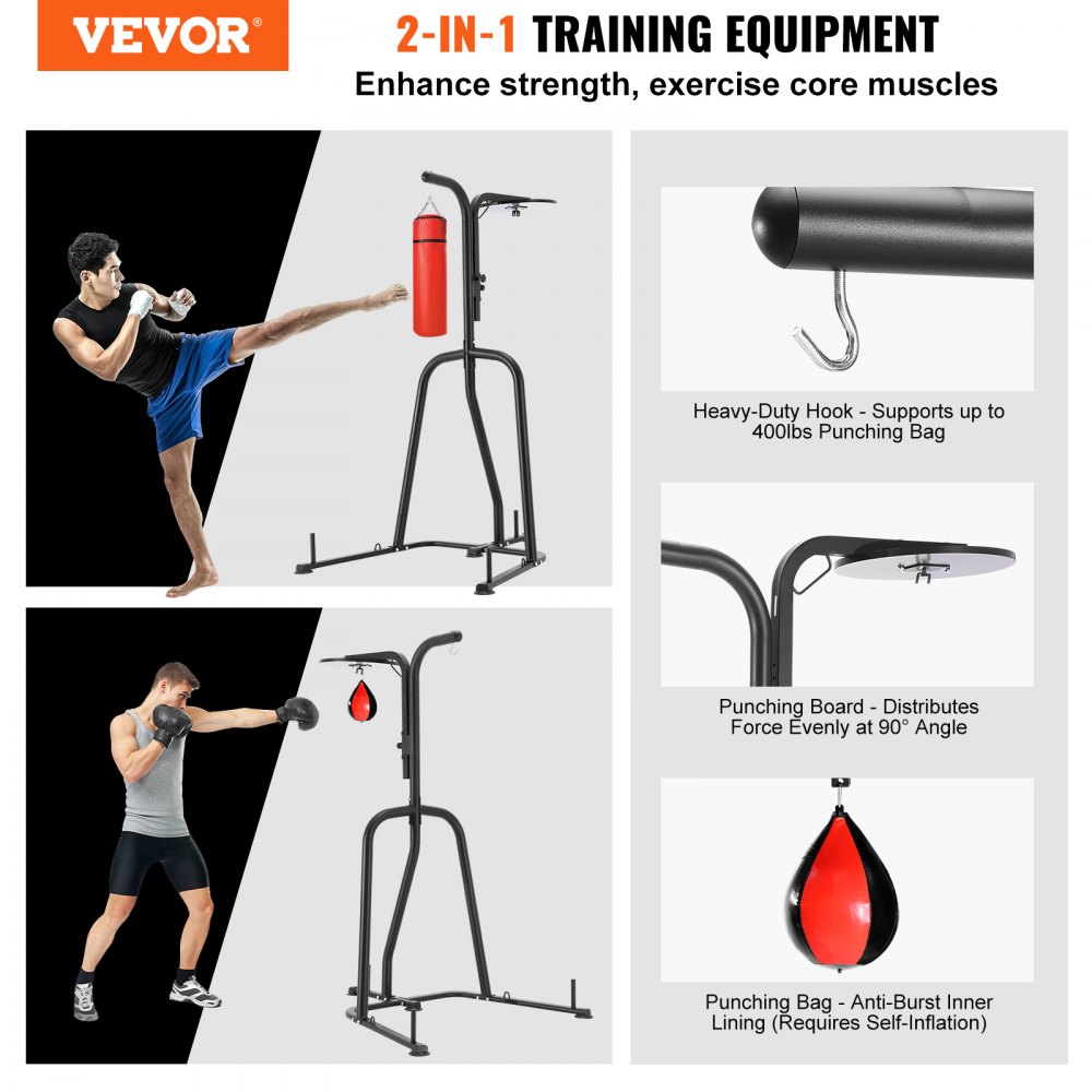 VEVOR Soporte para Saco de Boxeo Estación de Boxeo Independiente de Acero Carga de 181 kg Soporte para Saco de Arena y Saco de Velocidad Altura Ajustable Equipo de Fitness para Gimnasio 126x143x214 cm