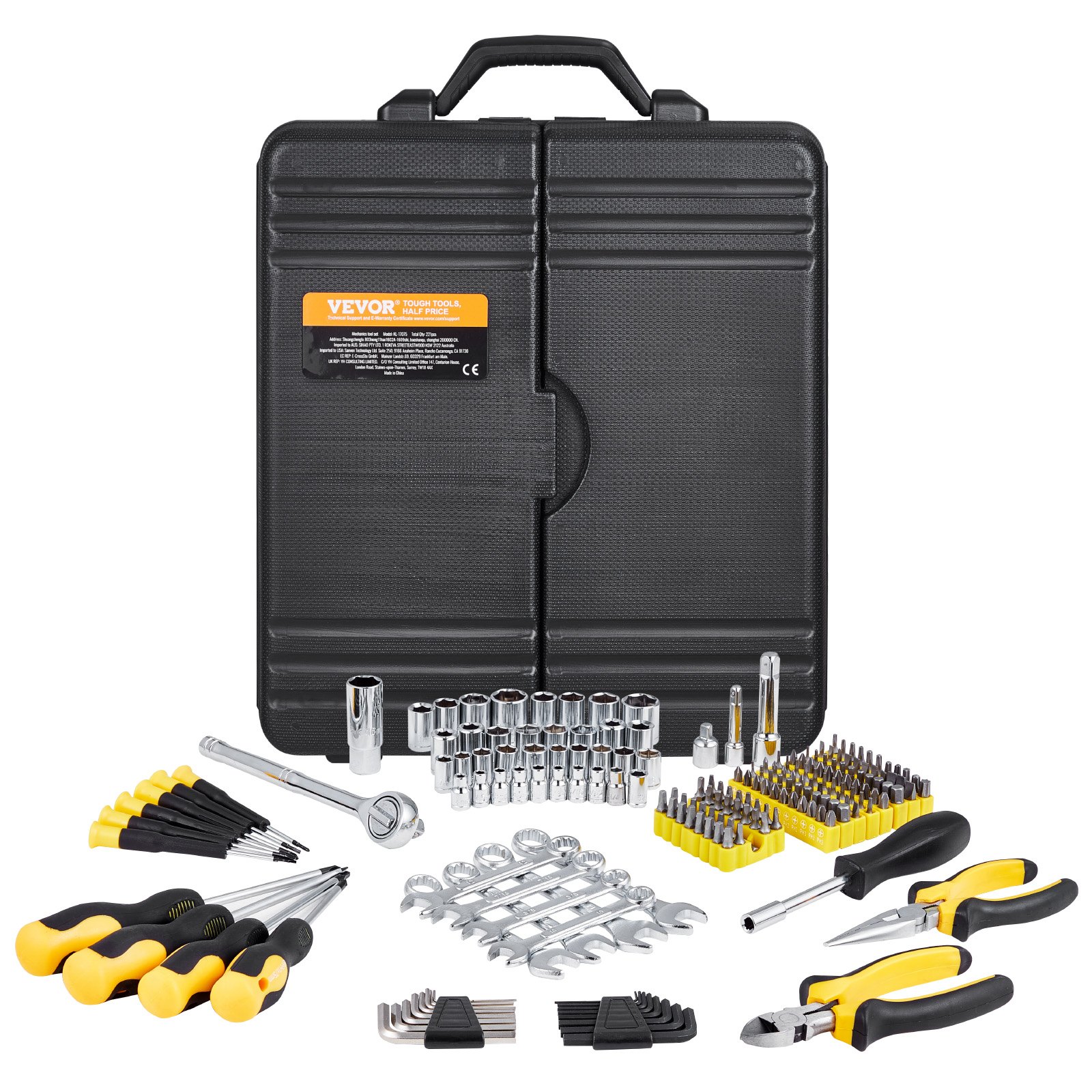 VEVOR 221 PCS Kit de Herramientas Mecánicas SAE y Métricas con Dados con Impulsión, Puntas, Llaves, Mango de Trinquete, Accesorios y Estuche de Almacenamiento de Plástico para Reparación de Automóvil