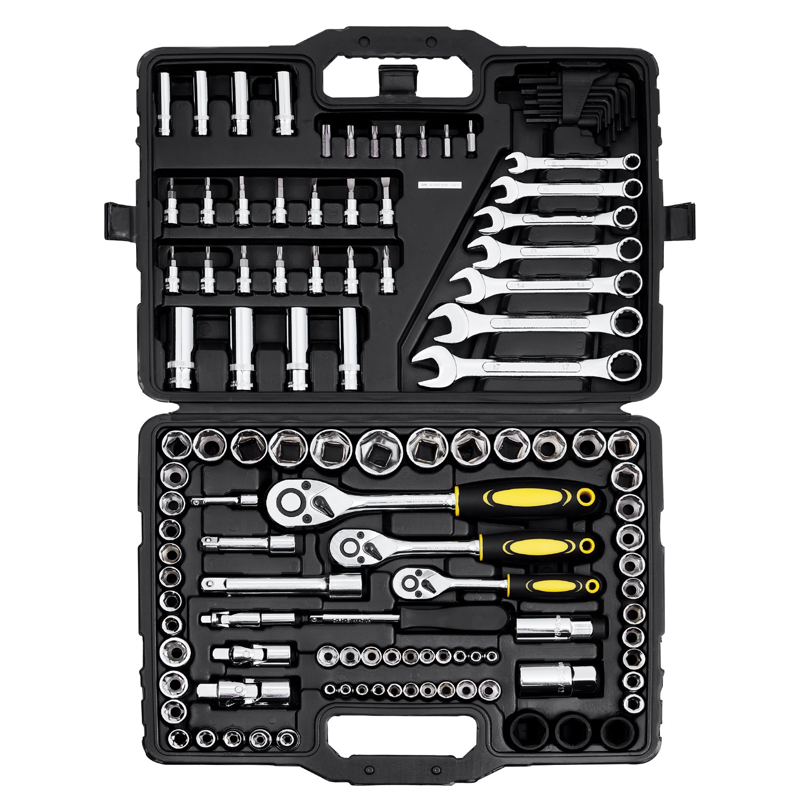VEVOR 121-piece mechanic's tool set with 1/4", 3/8", and 1/2" drive sockets, SAE & metric mechanic's tool set with bits, wrenches, ratchet handle, and carrying case