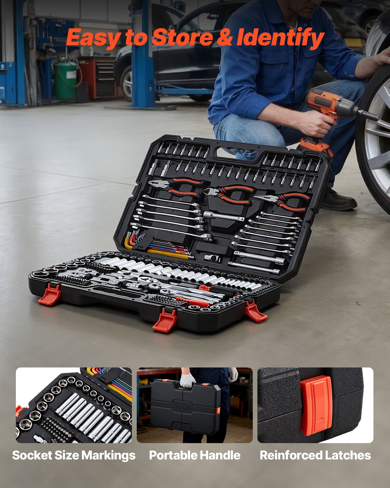 VEVOR Juego de Herramientas Mecánicas de 314 Piezas, Juego de Dados Métricos, Llaves, Puntas de Destornillador, Accesorios y Estuche, con Etiquetas de Tamaño para Reparaciones de Automóviles, Hogar