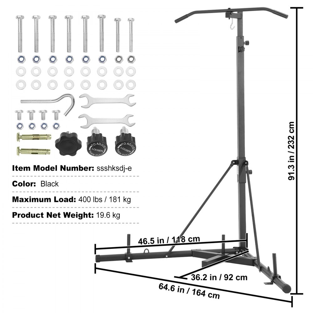 VEVOR Soporte para Saco de Boxeo Barra de Dominadas Estación de Boxeo Independiente de Acero Carga de 181 kg Soporte para Saco de Arena Altura Ajustable Equipo de Fitness para Gimnasio 164x118x232 cm
