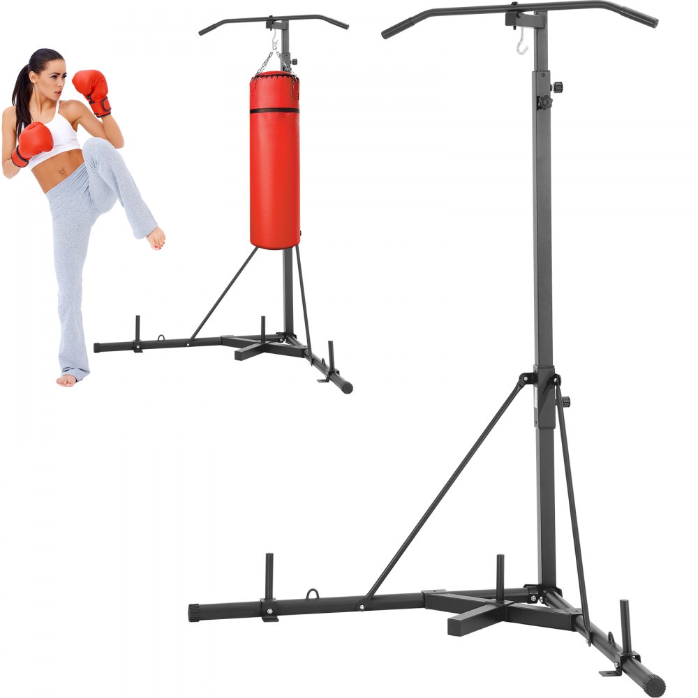 VEVOR Soporte para Saco de Boxeo Barra de Dominadas Estación de Boxeo Independiente de Acero Carga de 181 kg Soporte para Saco de Arena Altura Ajustable Equipo de Fitness para Gimnasio 164x118x232 cm