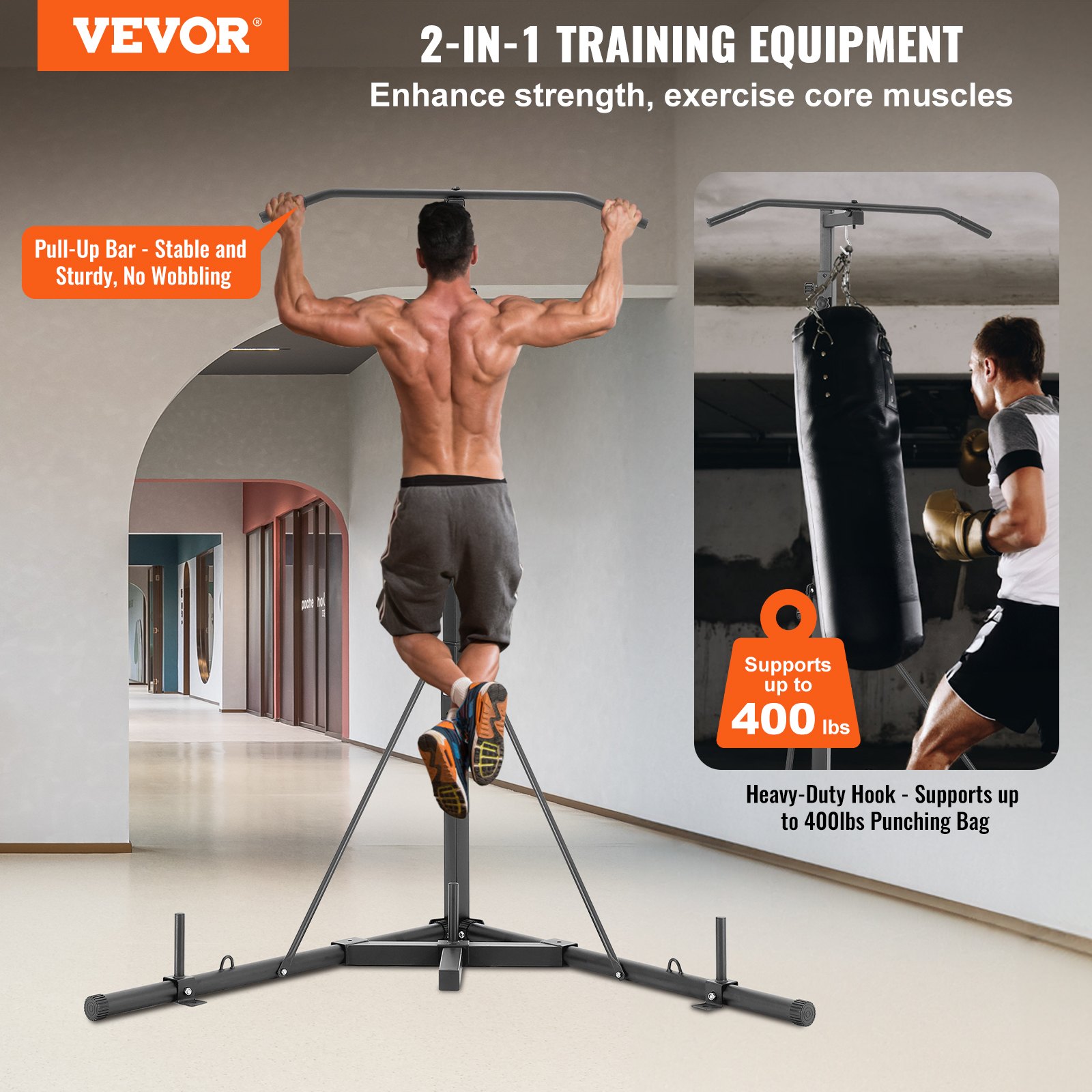VEVOR Soporte para Saco de Boxeo Barra de Dominadas Estación de Boxeo Independiente de Acero Carga de 181 kg Soporte para Saco de Arena Altura Ajustable Equipo de Fitness para Gimnasio 164x118x232 cm