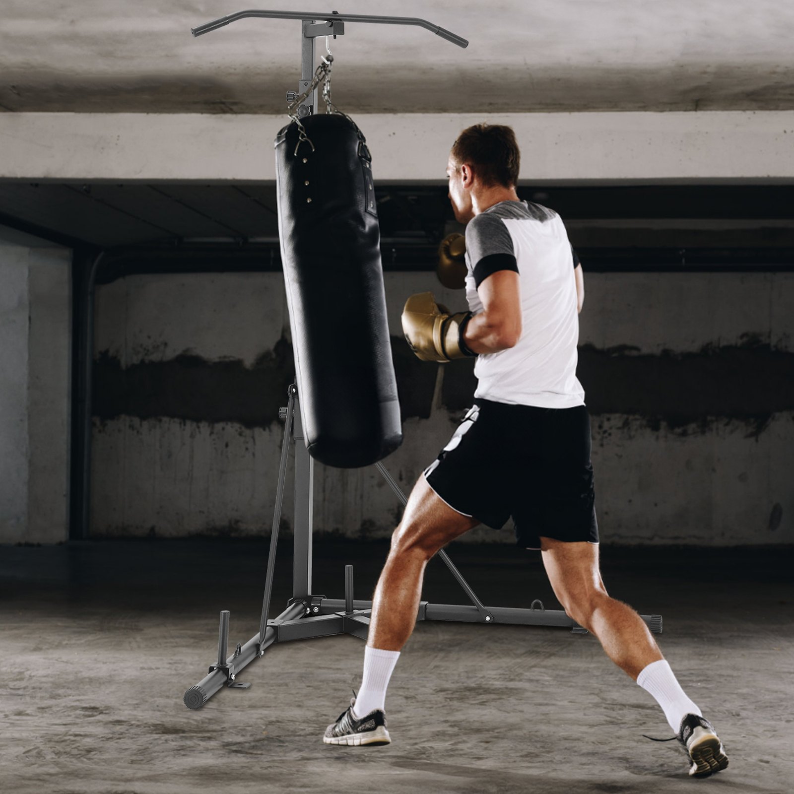 VEVOR Soporte para Saco de Boxeo Barra de Dominadas Estación de Boxeo Independiente de Acero Carga de 181 kg Soporte para Saco de Arena Altura Ajustable Equipo de Fitness para Gimnasio 164x118x232 cm
