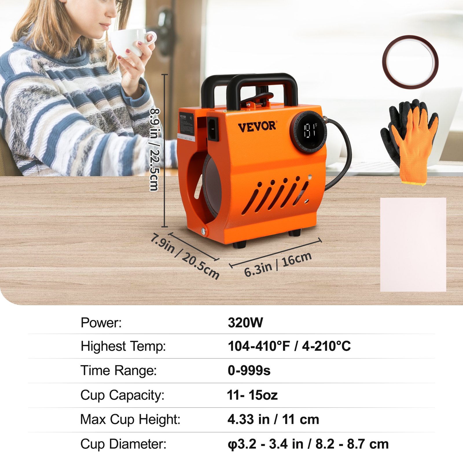 VEVOR Prensa Térmica para Tazas Prensa para Tazas Vasos 320 W Máquina de Impresión de Transferencia 23,5 x 11,5 x 1 cm con Guantes Resistentes al Calor y Cinta DIY Tazas de Cerámica Vasos